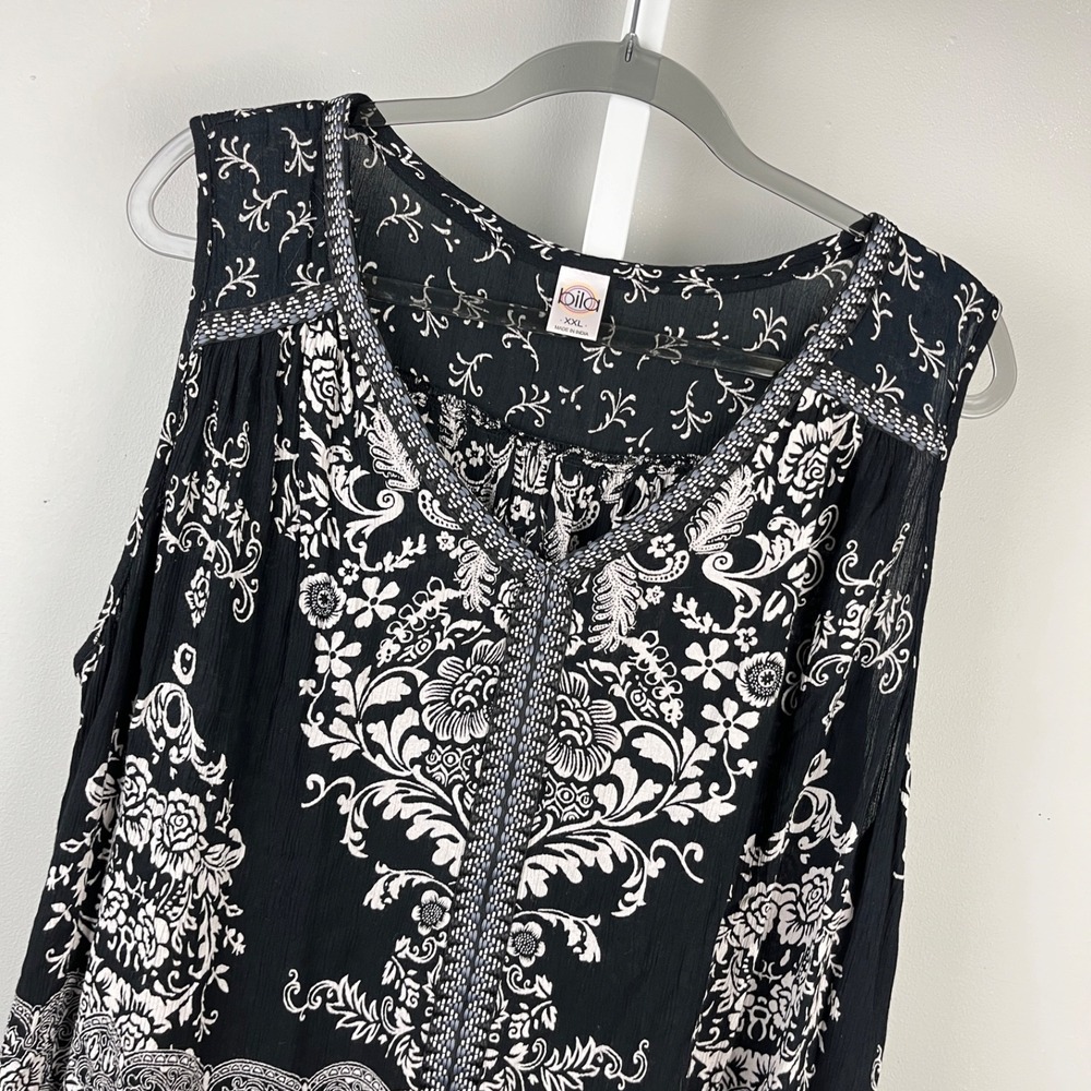 Bila Boho Peasant Top Womens XXL Black White Floral Sleeveless Ruffle Hem